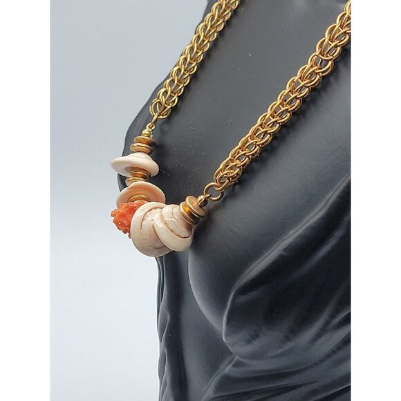 Miriam Haskell Puka Shell Raw Coral Necklace Vintage 15" Gold Tone Wheat Chain - Picture 9 of 16